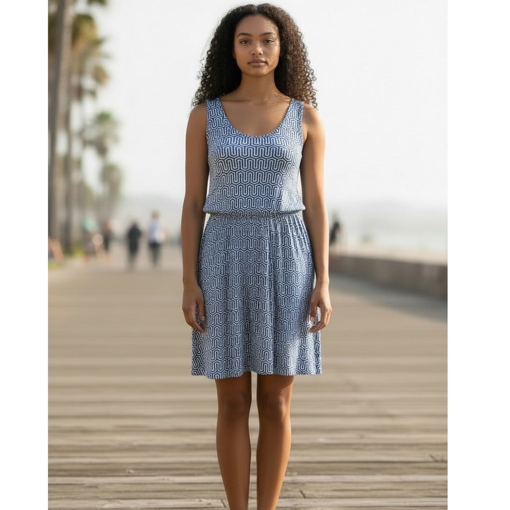 Mud Pie Blue White Geometric Racerback Blouson Dress Medium Preppy Nautical